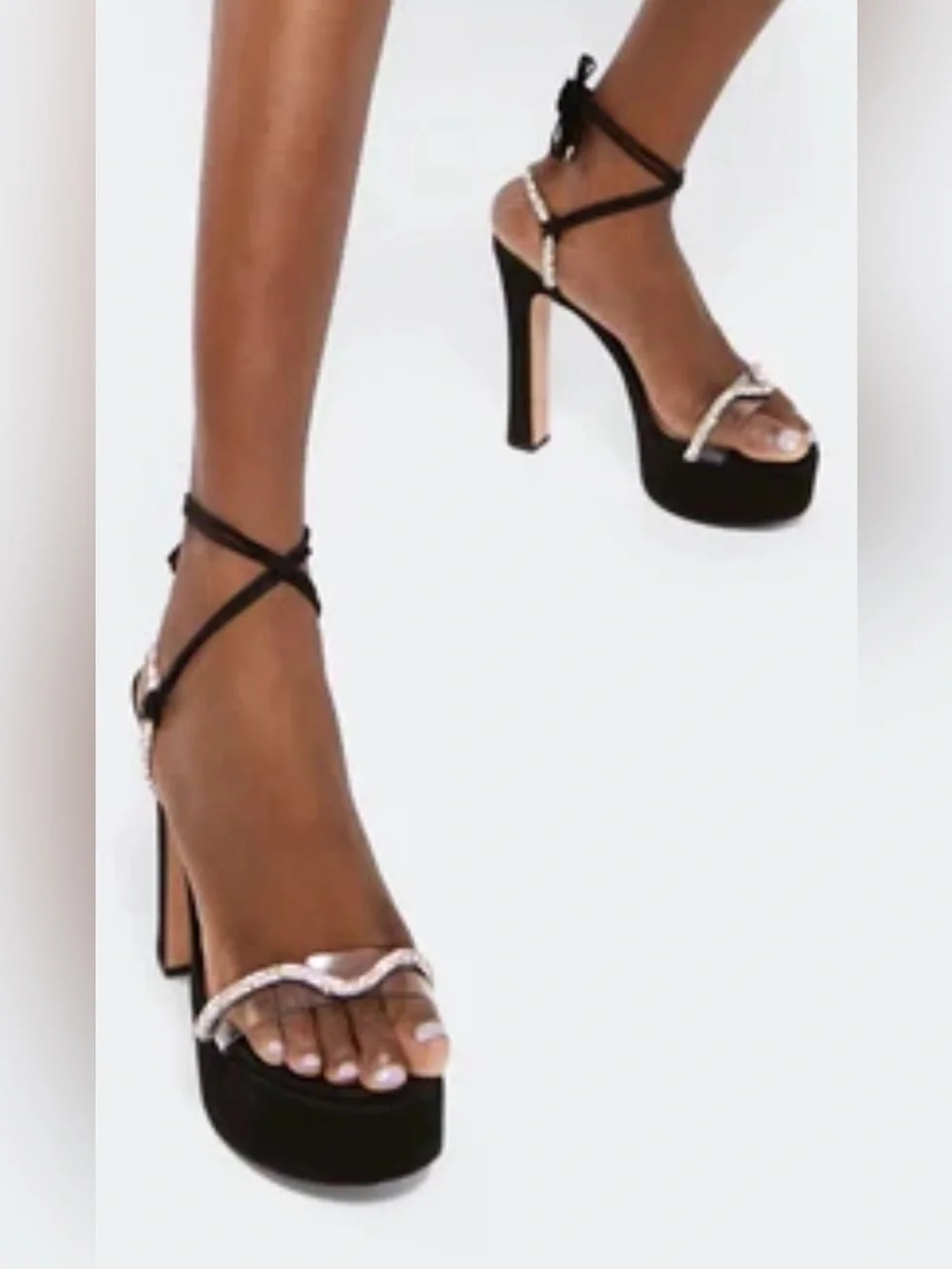 SCHUTZ Black Suede Brilliant platform sandals with Crystal and Clear Strap